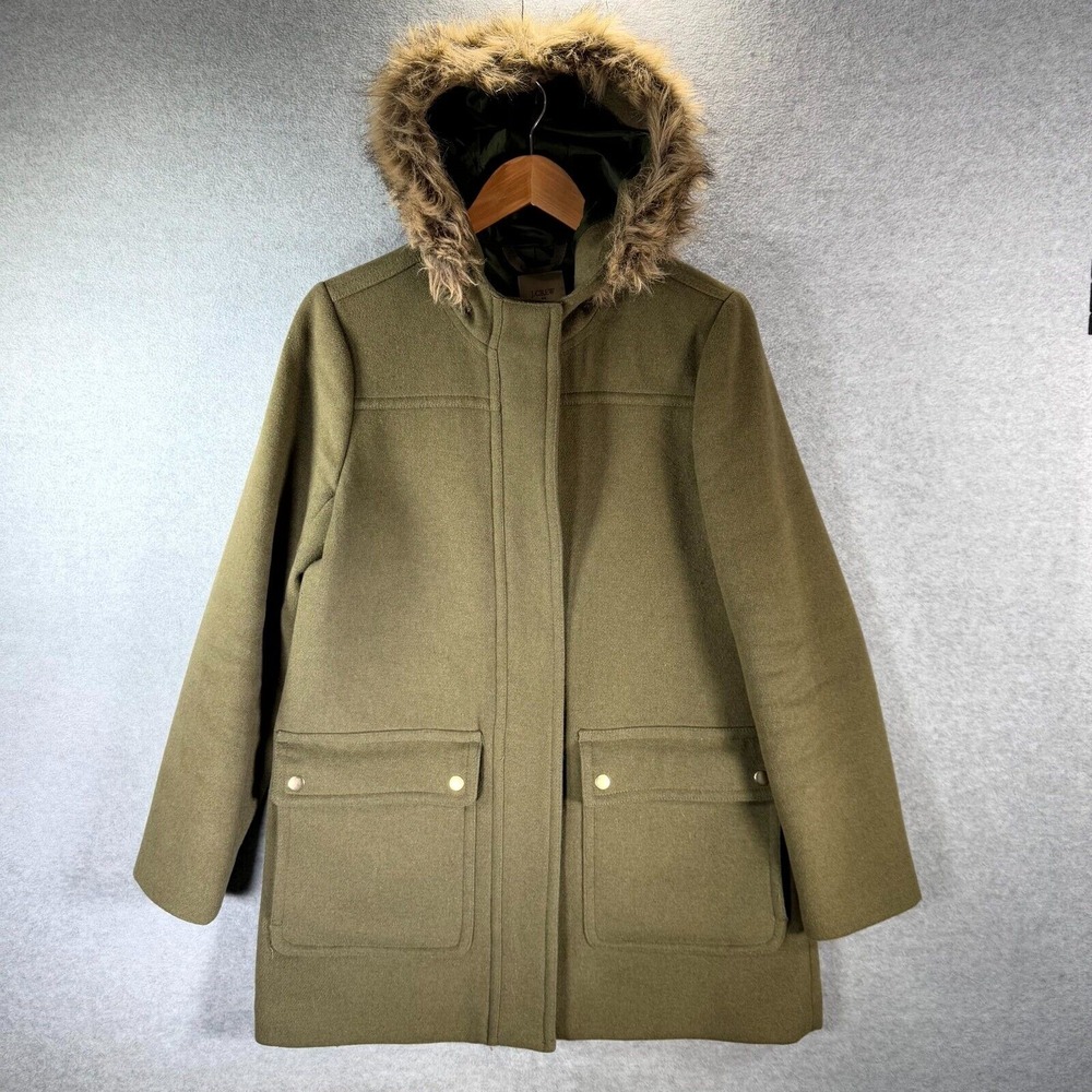 J. Crew Vail Parka Jacket‎ Women's 8 Green Lined Full Zip Faux Fur Trim Hooded